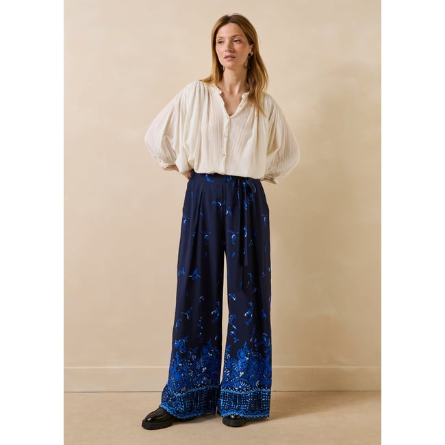 Pantalon fluide à imprimé floral bleu <span itemprop=