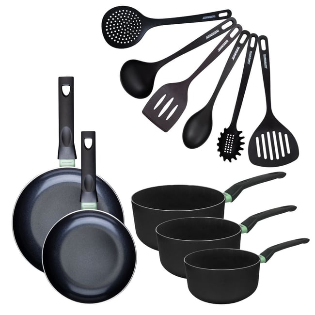 Batterie 2 poêles 20/24cm + 3 casseroles 16/18/20cm BRANDAO noir|vert <span itemprop=