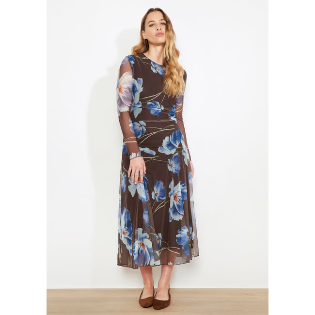 Robe midi fluide fleurie brun fonce chocolate <span itemprop=