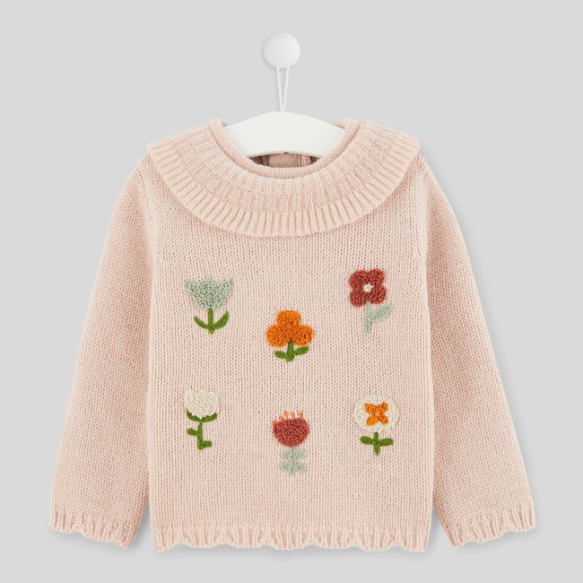 Pull col brodé fleurs, contient de la laine tutu <span itemprop=