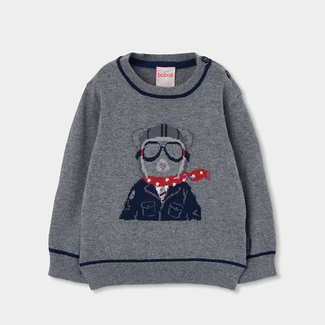 Pull garçon imprimé ours pilote gris <span itemprop=