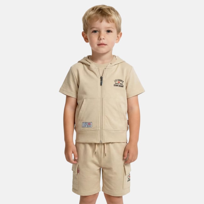 Ensemble polo zippé manches courtes et short MATCHY beige <span itemprop=