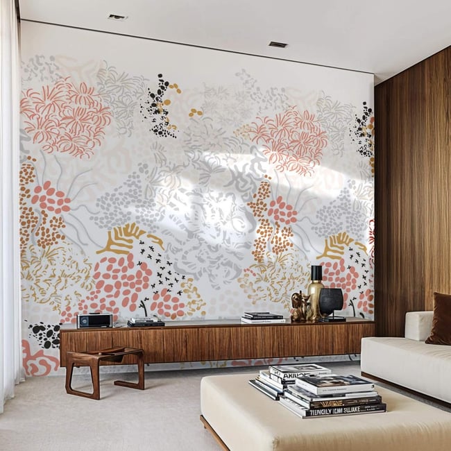 Papier peint sobre illustrant fleurs et feuilles abstraites - 340x260 cm (l x h) - LA TOUCHE ORIGINALE