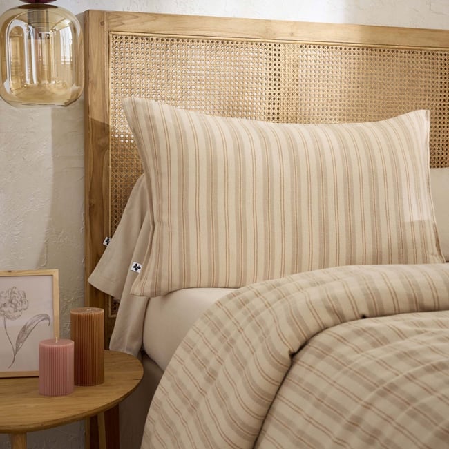 Taie oreiller flanelle rayures - ALFIE ecru <span itemprop=