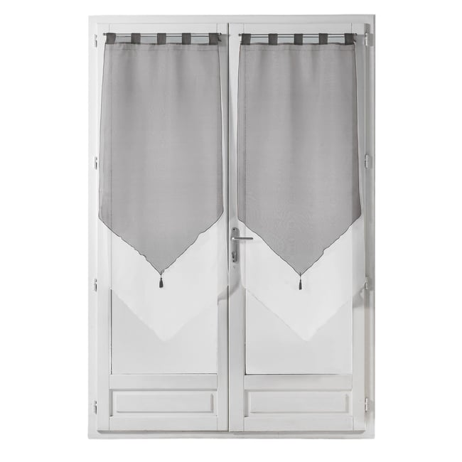 Paire de voile pompon rideau a passants bicolore Collection Voilinne gris <span itemprop=