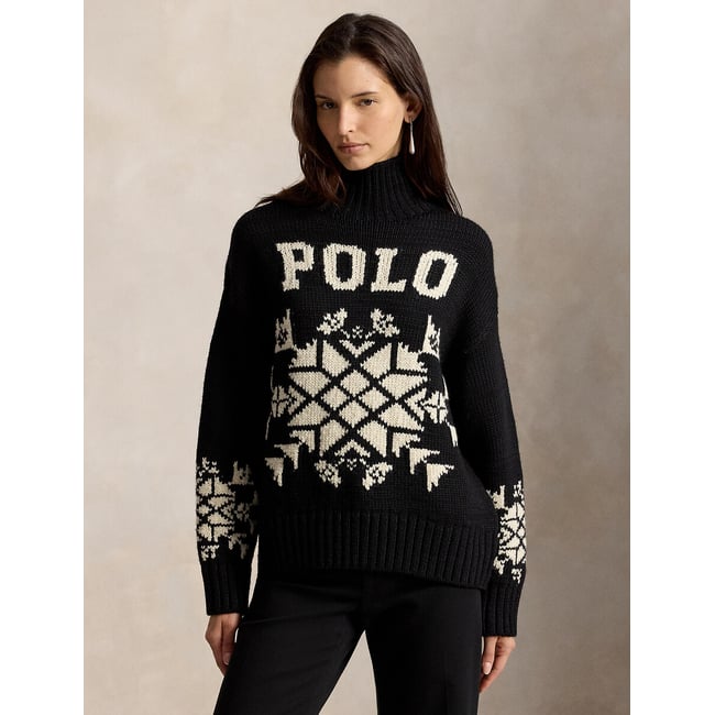 Pull col montant avec étoile des neiges noir/crème <span itemprop=