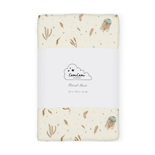 Drap housse bleu, marron, écru <span itemprop=
