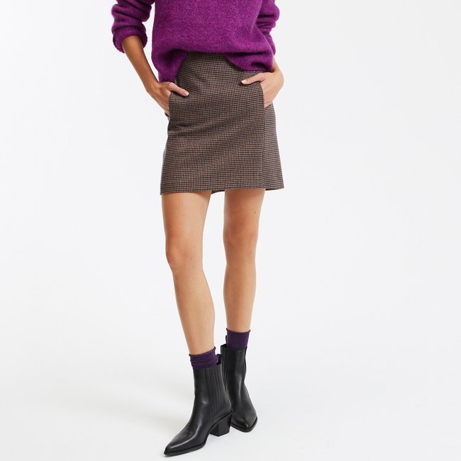 Saia direita, curta estampado pied-de-poule <span itemprop=