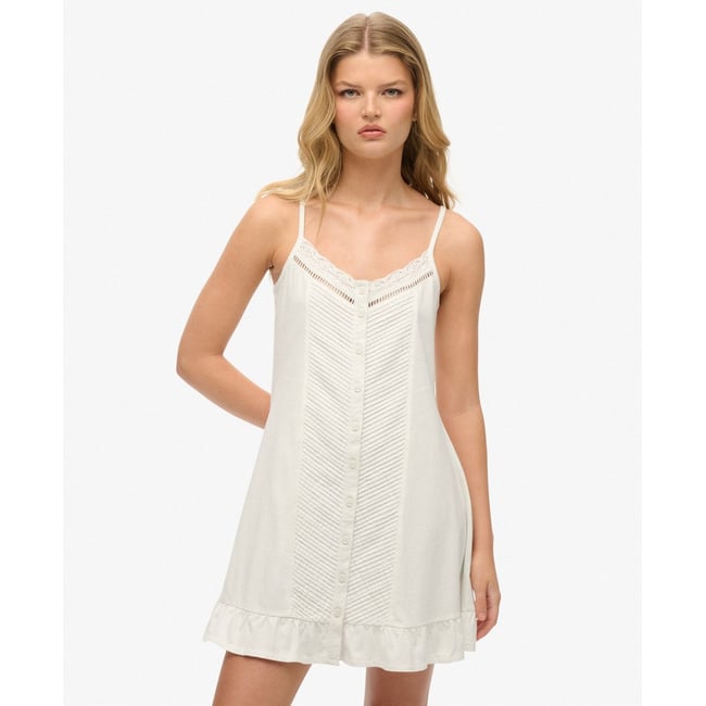 Robe caraco boutonnée à dentelle blanc cassé <span itemprop=