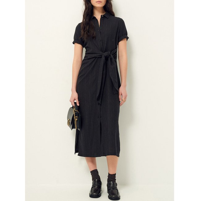 Robe mi-longue à manches courtes CHRISTIANA noir rayé <span itemprop=