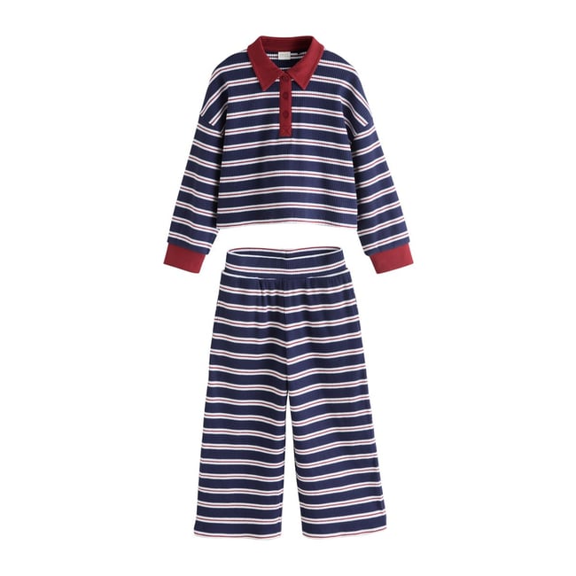Ensemble haut style rugby et pantalon large bleu marine/rouge <span itemprop=