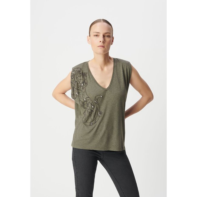 T-shirt senza maniche con scollo a V e ricami verde army IKKS