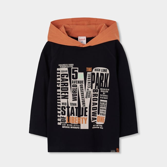 T-shirt garçon en maille à capuche imprimé NY noir <span itemprop=