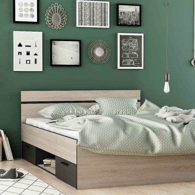 Lit avec 2 tiroirs, 1 niche de rangement Couleur bois foncé <span itemprop=