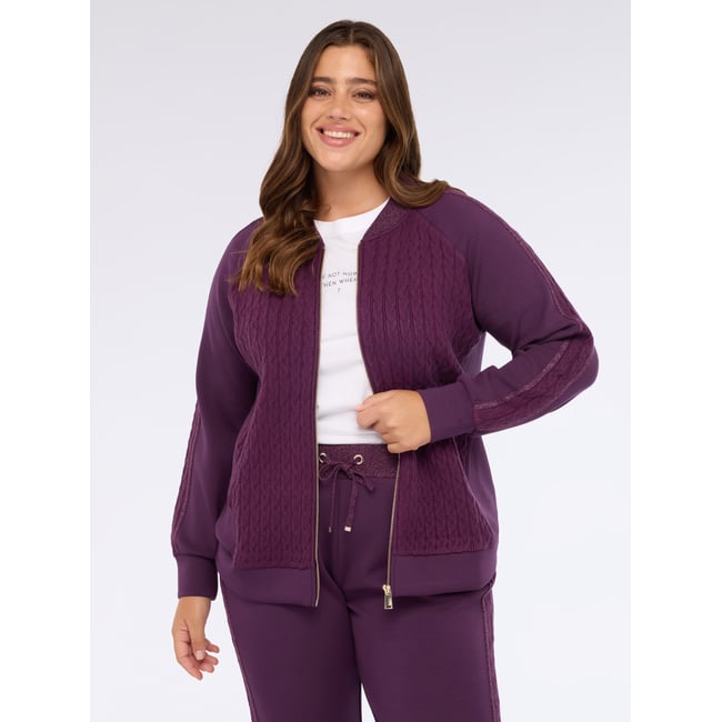 Sweat-shirt zippé en double tissu violet <span itemprop=