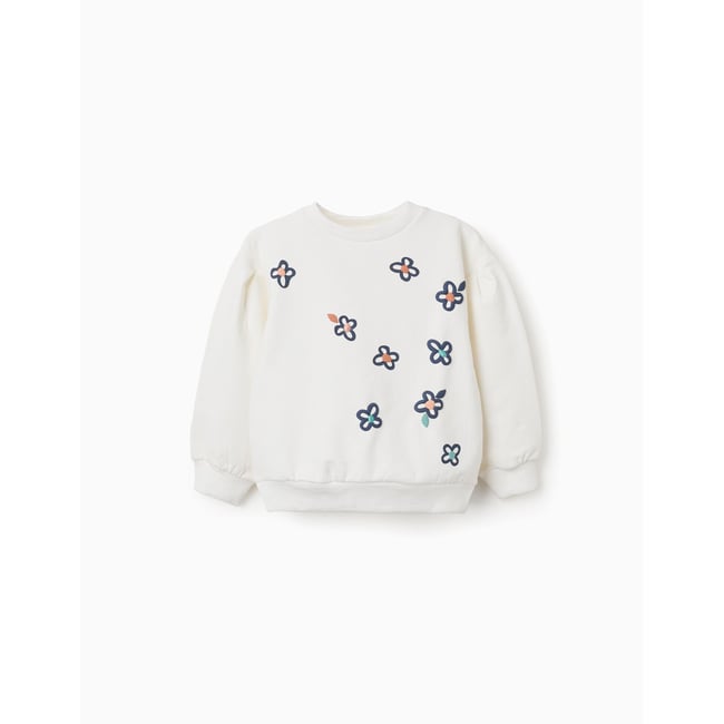 Sweat en coton peigné avec fleurs en relief blanc <span itemprop=