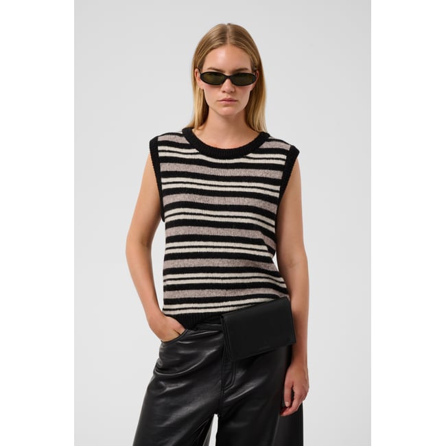 Manteau tricoté noir beige black and walnut stripe <span itemprop=