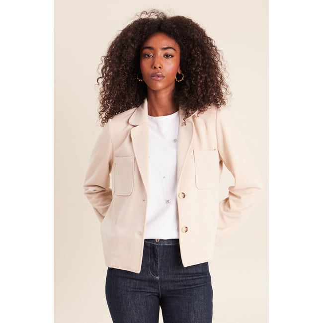 Veste droite col tailleur doublée sable <span itemprop=