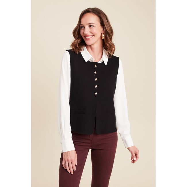 gilet droit court sans manches col rond noir <span itemprop=