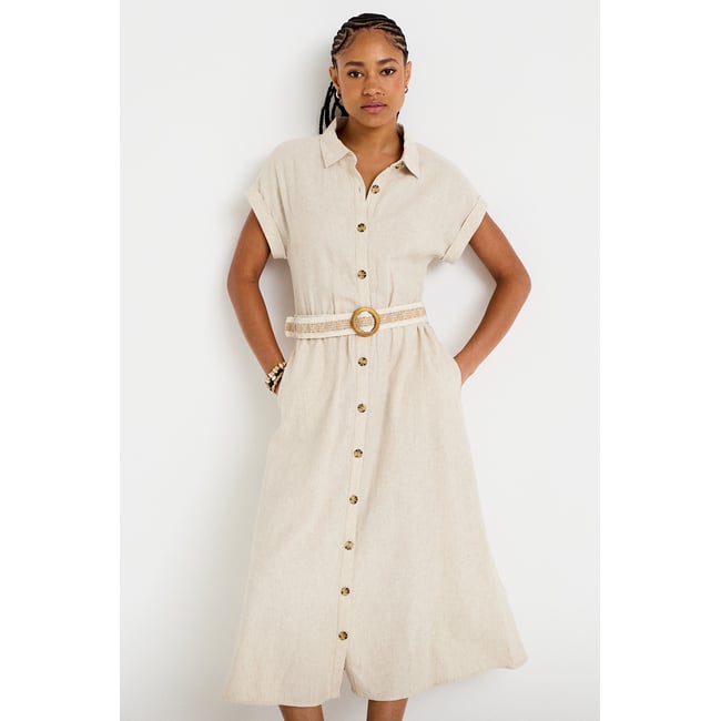 Robe évasée 3/4 col chemise ceinture beige <span itemprop=