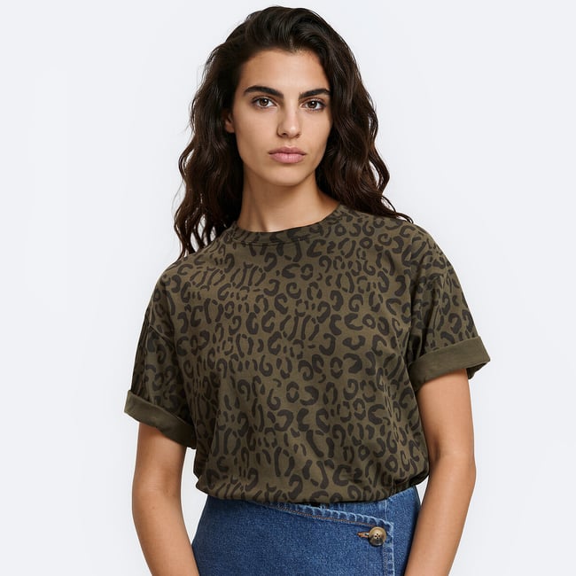 Leopard Print Crew Neck Short Sleeve T-Shirt leopard print/khaki LA REDOUTE COLLECTIONS