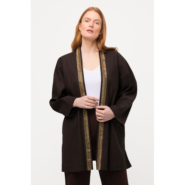 Veste kimono. Col châle. Lin mélangé. Galon marron pin <span itemprop=