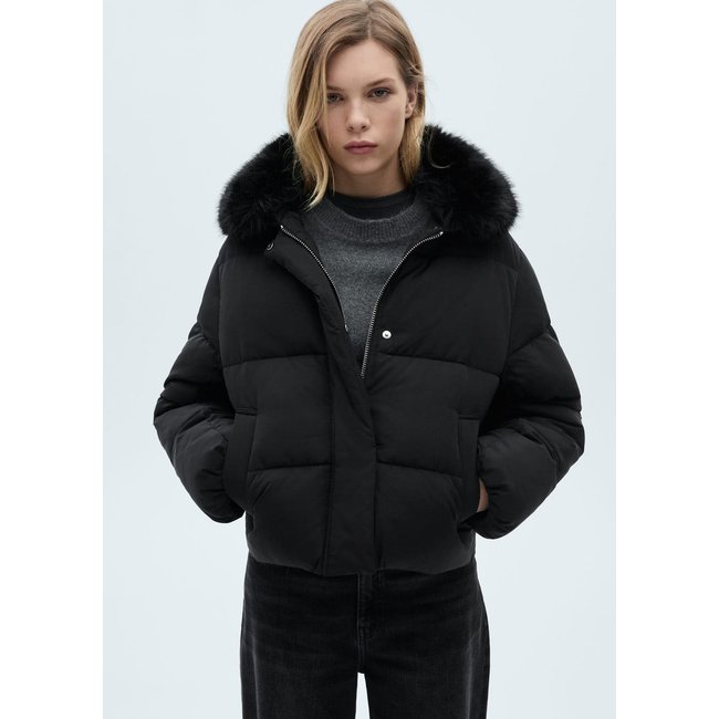 Anorak court matelassé col en imitation fourrure noir <span itemprop=