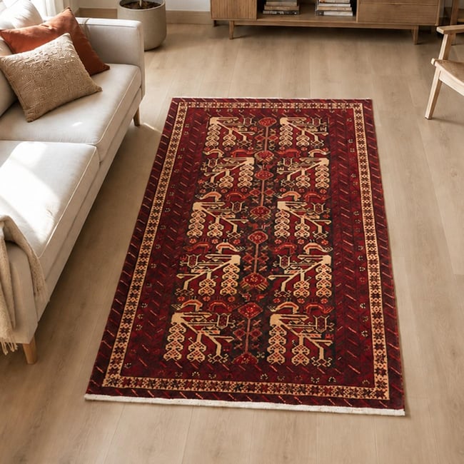Tapis salon au motif traditionnel, noué main en laine, BALUTSCH 2 Couleur bordeaux, beige, noir <span itemprop=