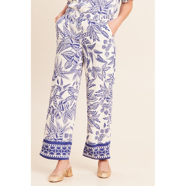 Pantalon large 7/8ème taille haute bleu <span itemprop=