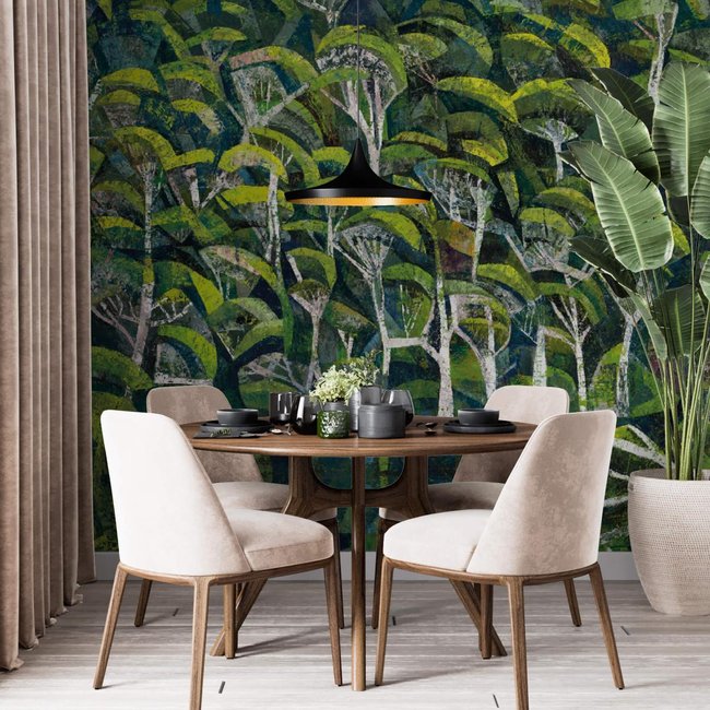 Papier peint panoramique d'une peinture abstraite avec forêt - 340x260 cm (l x h) Couleur vert <span itemprop=