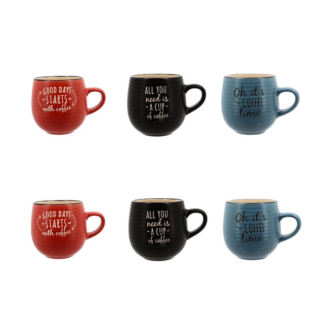 Lot de 6 mugs en grès 35cl, PAUSE CAFÉ Couleur bleu-noir-rouge <span itemprop=
