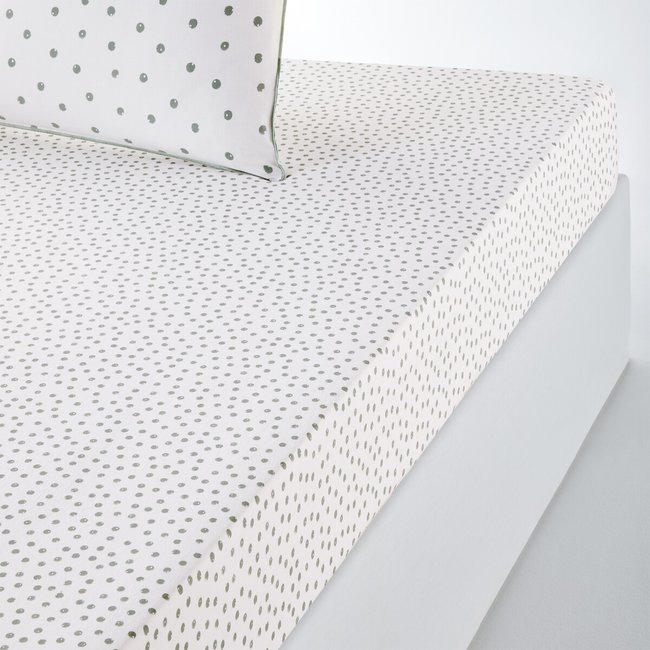 Sábana bajera de algodón lavado con altura de 25 cm, Lison estampado fondo blanco <span itemprop=