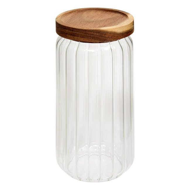 Bocal cuisine en verre borosilicate strié couvercle acacia 1L HARMONY transparent <span itemprop=