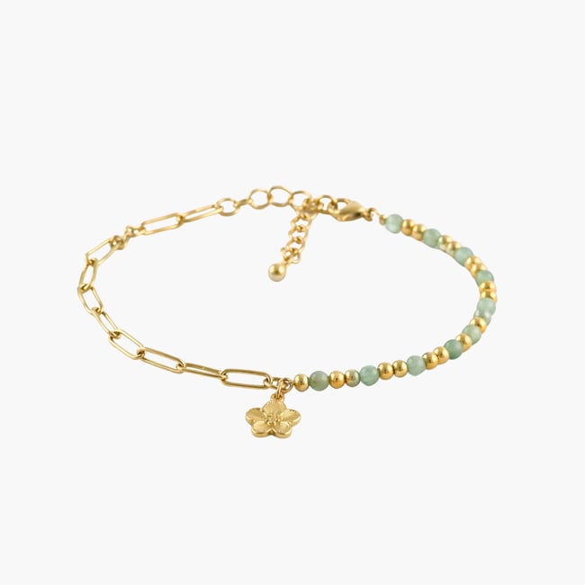 Bracelet chaîne et perles pendentif fleur - acier inoxydable vert <span itemprop=