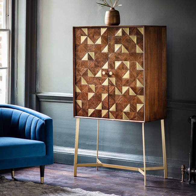 Almora Acacia Wood and Brass Drinks Cabinet, dark wood, SO'HOME