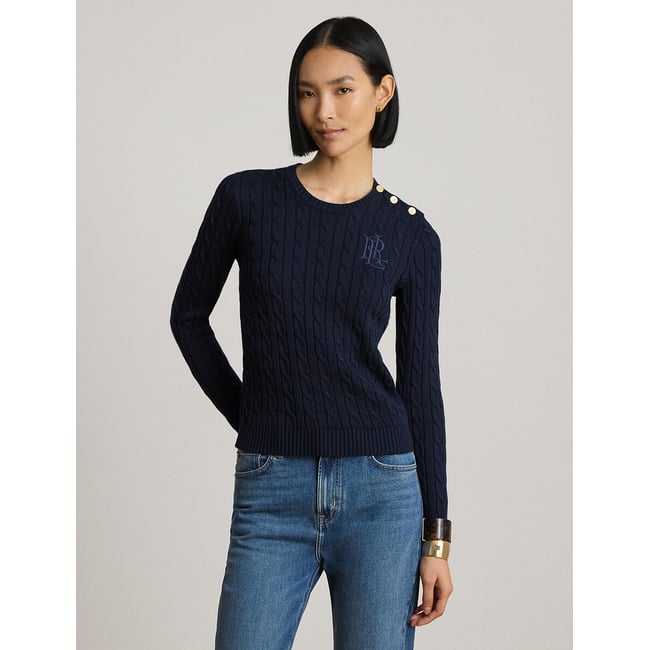 Zopfstrick-Pullover mit Rundhalsausschnitt, langen Ärmeln und Knöpfen marine <span itemprop=