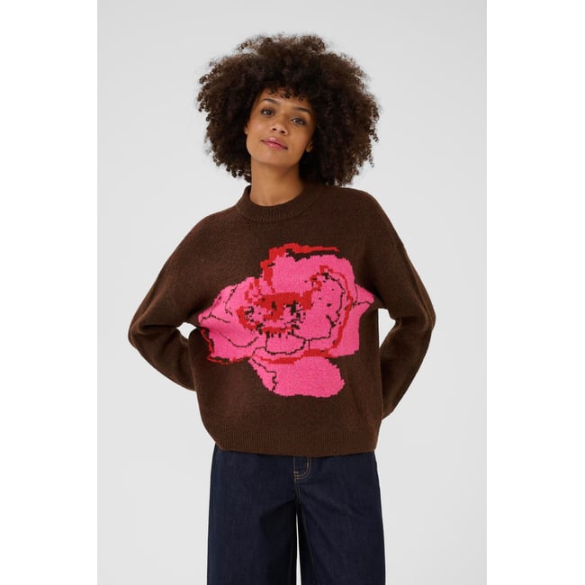Pullover tricoté marron rose brown melange pink flower <span itemprop=