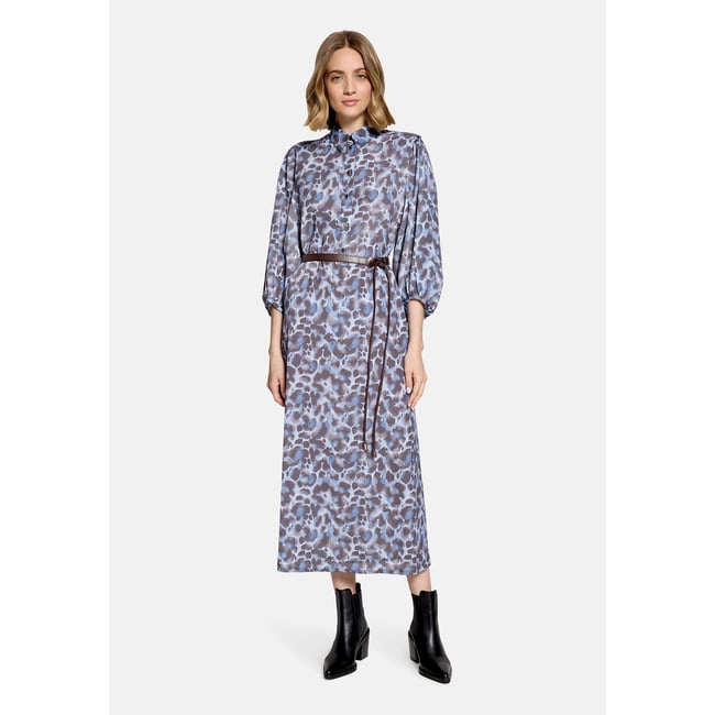 Robe-chemisier à ceinture à nouer bleu/marron <span itemprop=