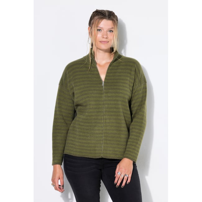 Cardigan oversize, maille côtelée vert kaki <span itemprop=