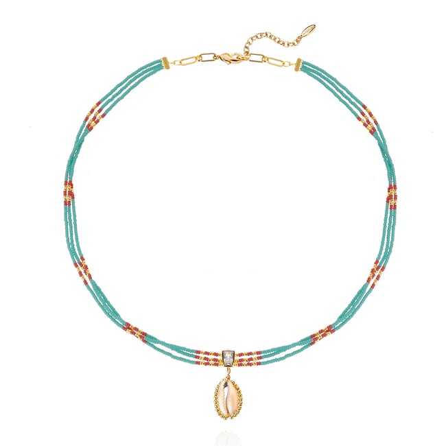 Collier ajustable multirang avec perle et pendentif central NYMPHE turquoise <span itemprop=