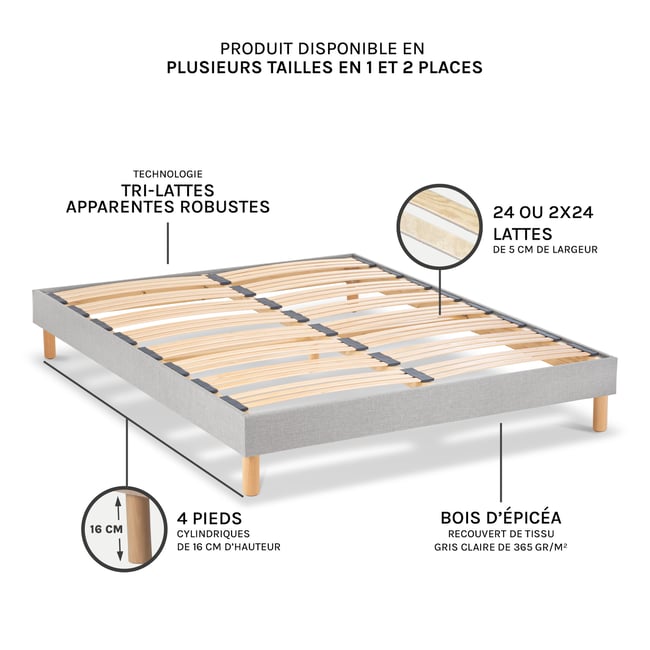 Sommier à lattes en bois Capitole 140x190 cm Coloris Gris clair Livré en kit Couleur gris <span itemprop=