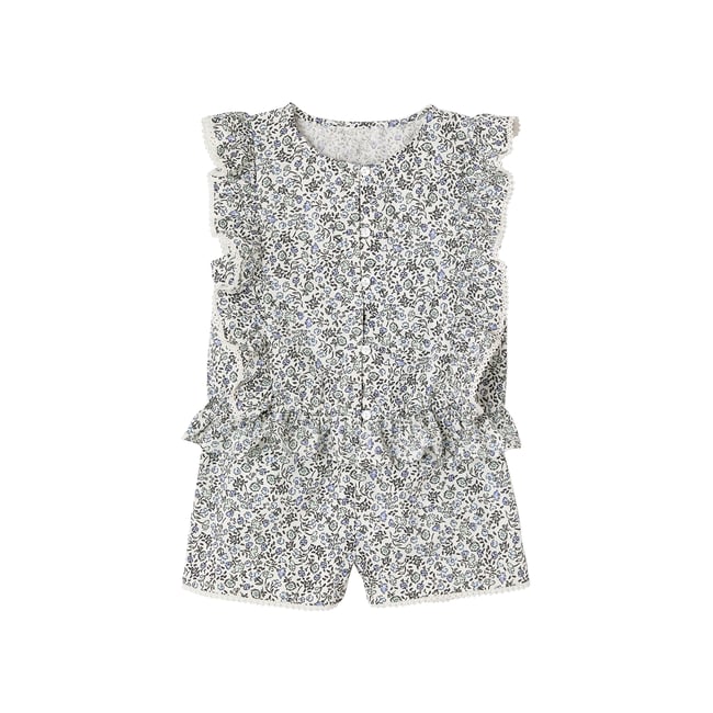 Ensemble blouse + short cérémonie bleu imprimé <span itemprop=