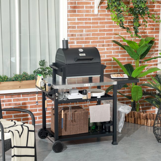 Chariot desserte barbecue plancha multi-équipement plateau acier inox noir <span itemprop=