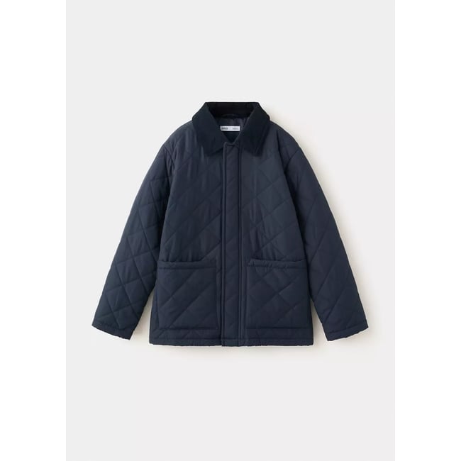 Quilted jacket with corduroy collar bleu marine <span itemprop=
