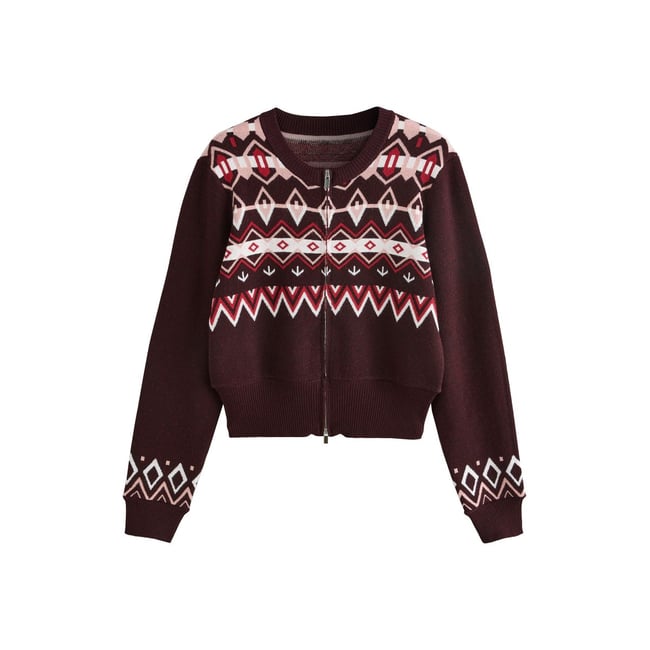 Cardigan zippé confortable fair isle du vin <span itemprop=