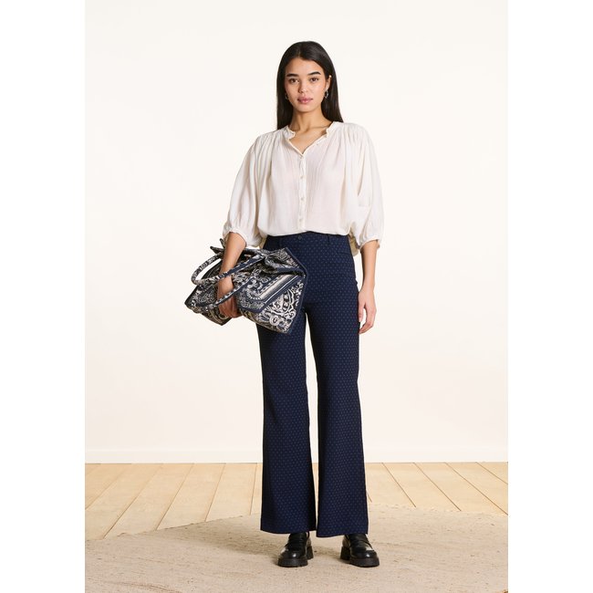 Pantalon flare en jacquard marine/mauve <span itemprop=