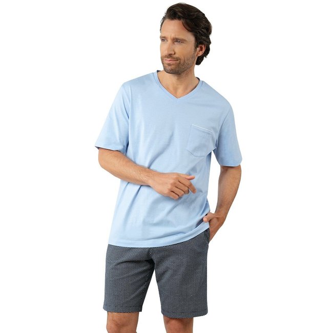 Pijama corto con cuello en pico azul marino + azul <span itemprop=