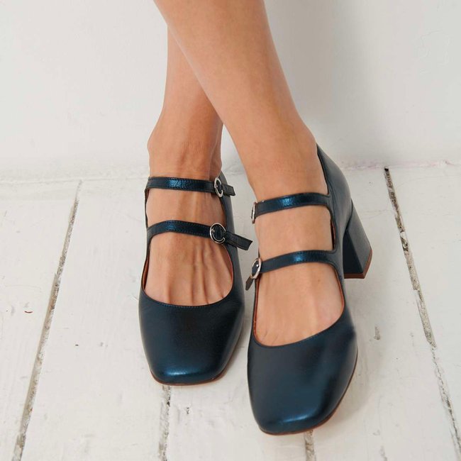Babies Heel à talon carré double boucle en cuir shiny ocean <span itemprop=