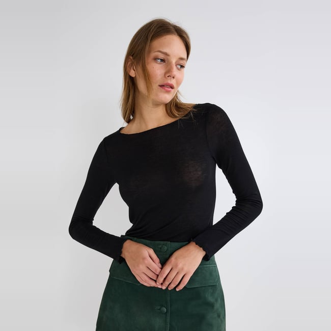 T-shirt manches longues contenant de la laine noir <span itemprop=