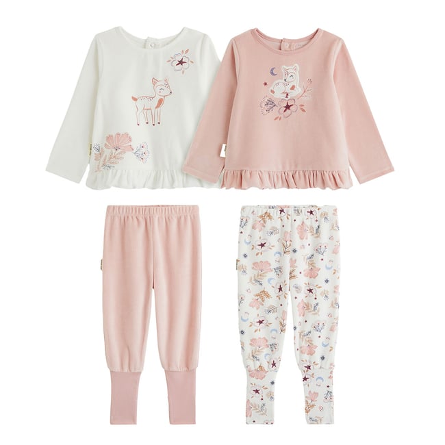 Lot de 2 pyjamas bébé 2 pièces en velours à pieds retroussables Cléo rose <span itemprop=